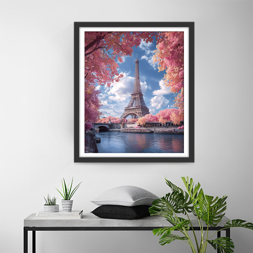 De Eiffeltoren en Roze Bomen Diamond Painting