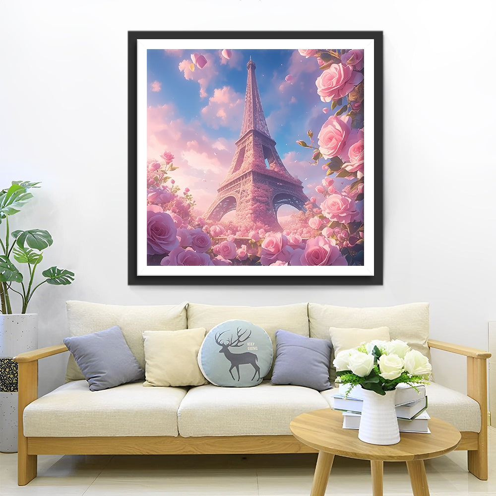 De Eiffeltoren tussen Roze Rozen Diamond Painting