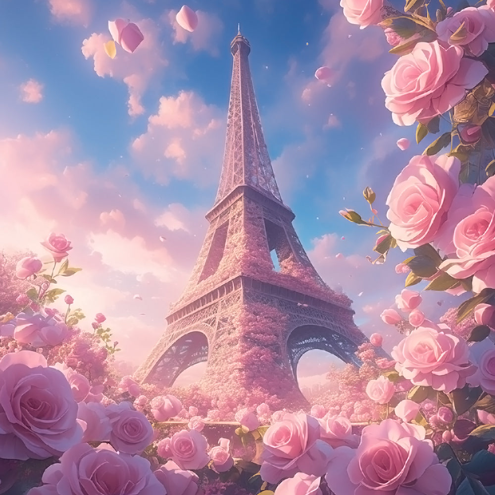 De Eiffeltoren tussen Roze Rozen Diamond Painting