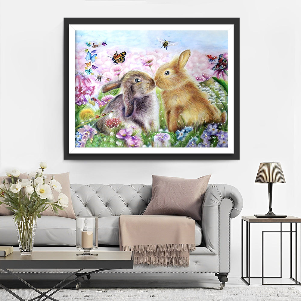 De Kussende Konijntjes in het Bloemenveld Diamond Painting