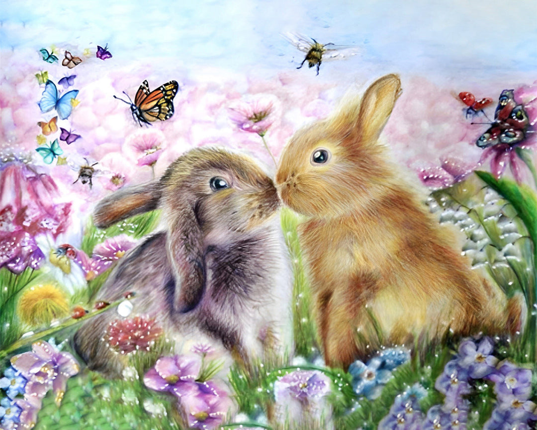 De Kussende Konijntjes in het Bloemenveld Diamond Painting