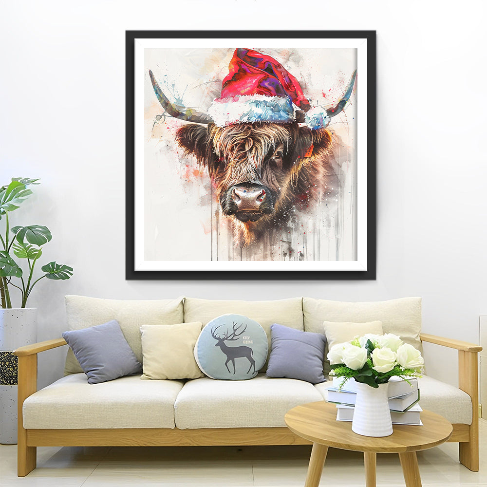 De Oude Koe met de Kerstmanmuts Diamond Painting