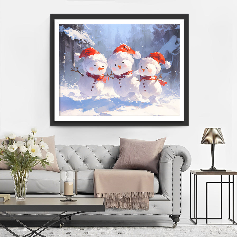 De Schattige Sneeuwmannetjes in de Sneeuw Diamond Painting