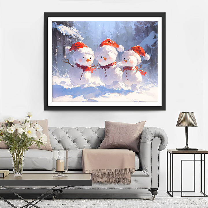 De Schattige Sneeuwmannetjes in de Sneeuw Diamond Painting