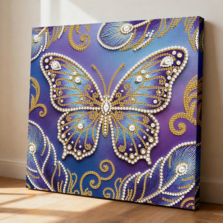 Diamond Painting | Parel Schilderij | Blauw-Paarse Vlinder en Veren