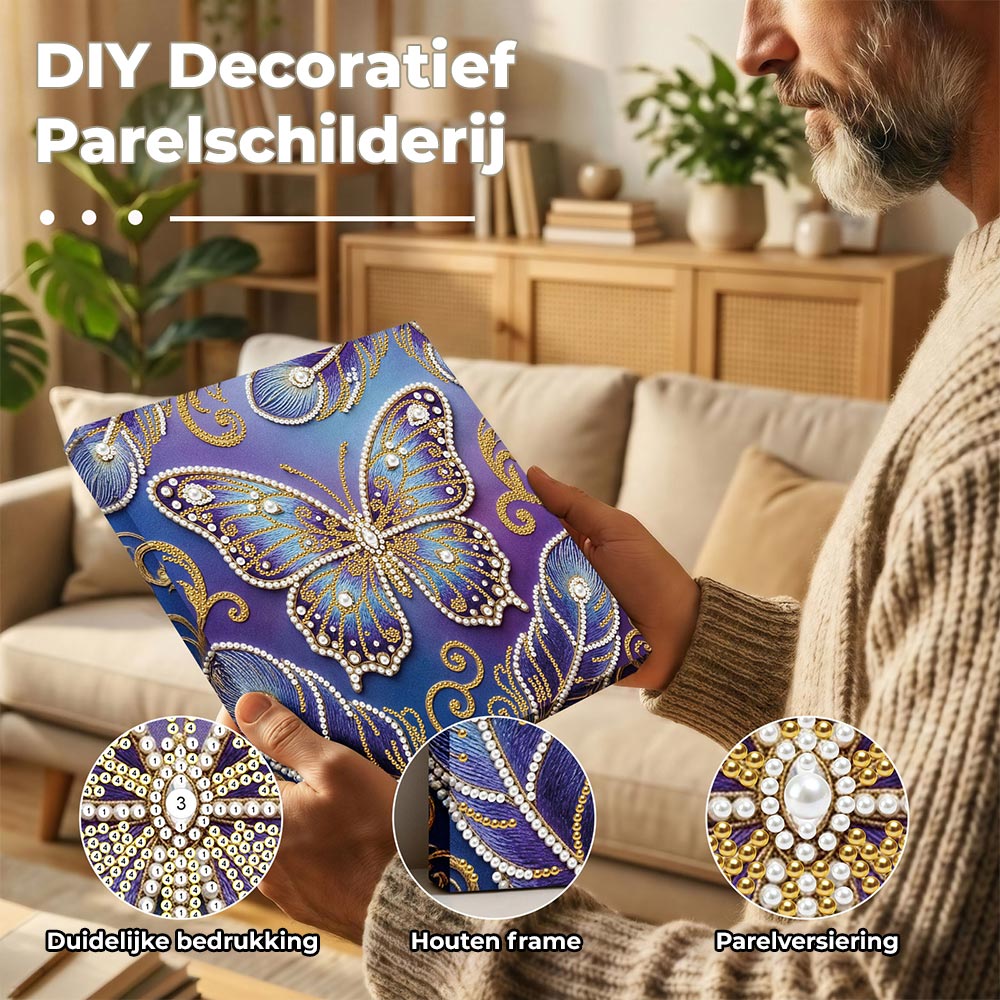 Diamond Painting | Parel Schilderij | Blauw-Paarse Vlinder en Veren