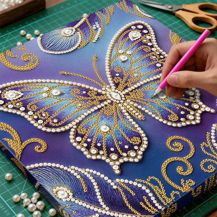 Diamond Painting | Parel Schilderij | Blauw-Paarse Vlinder en Veren