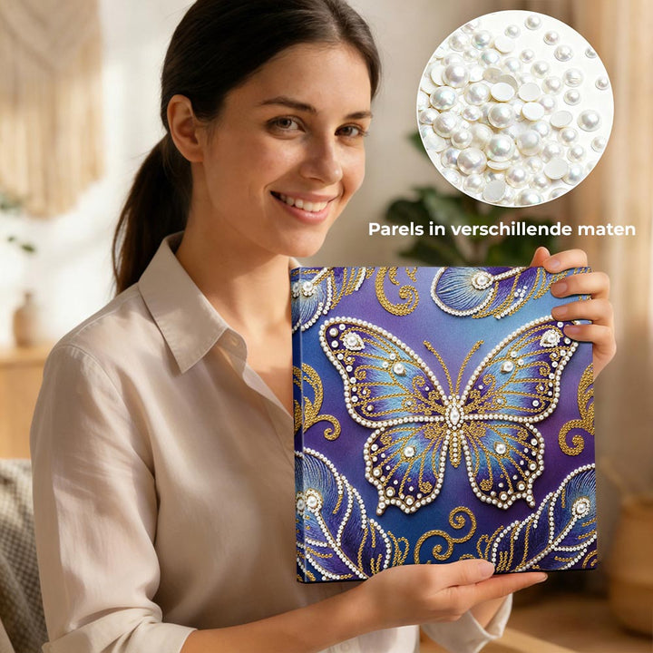 Diamond Painting | Parel Schilderij | Blauw-Paarse Vlinder en Veren