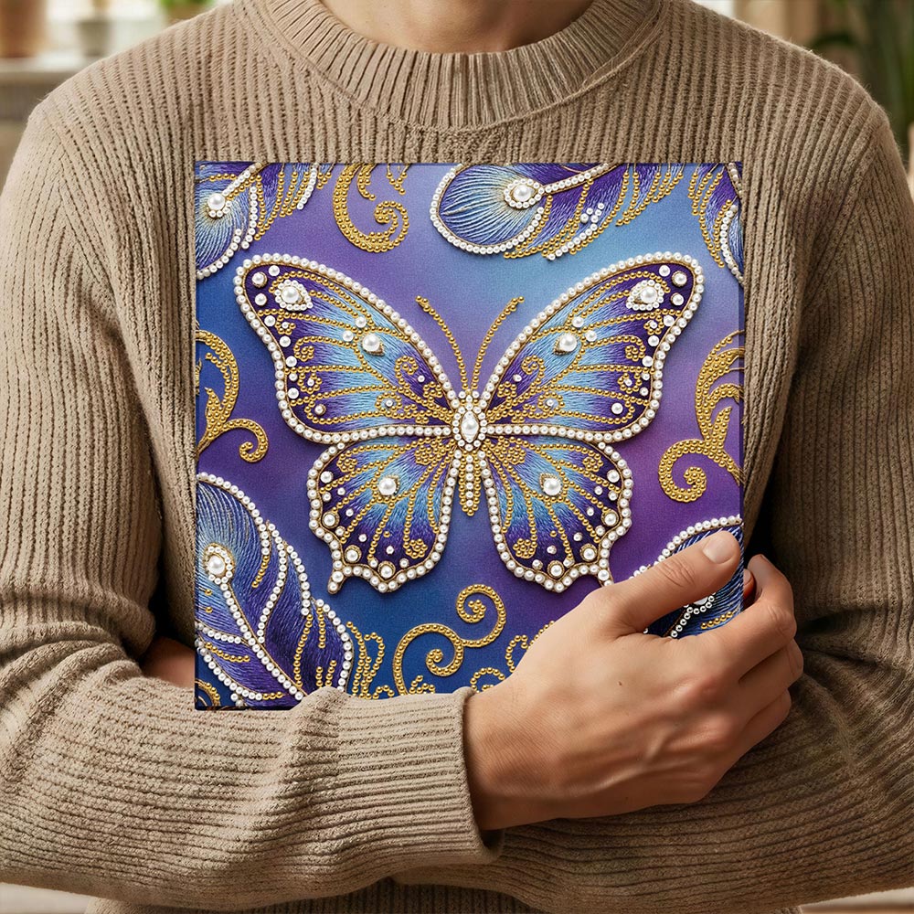 Diamond Painting | Parel Schilderij | Blauw-Paarse Vlinder en Veren