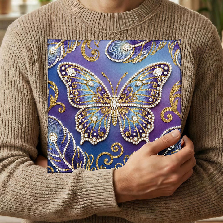 Diamond Painting | Parel Schilderij | Blauw-Paarse Vlinder en Veren
