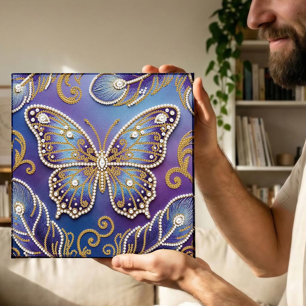 Diamond Painting | Parel Schilderij | Blauw-Paarse Vlinder en Veren