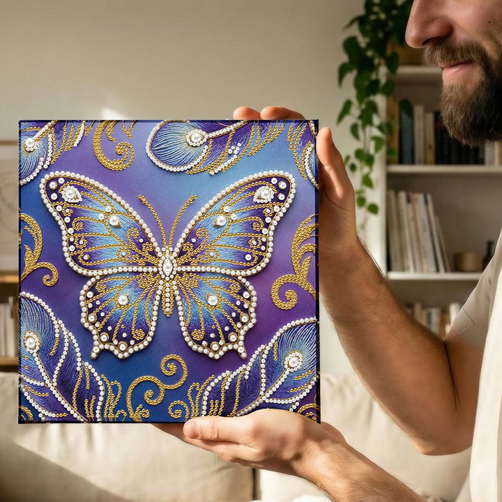 Diamond Painting | Parel Schilderij | Blauw-Paarse Vlinder en Veren