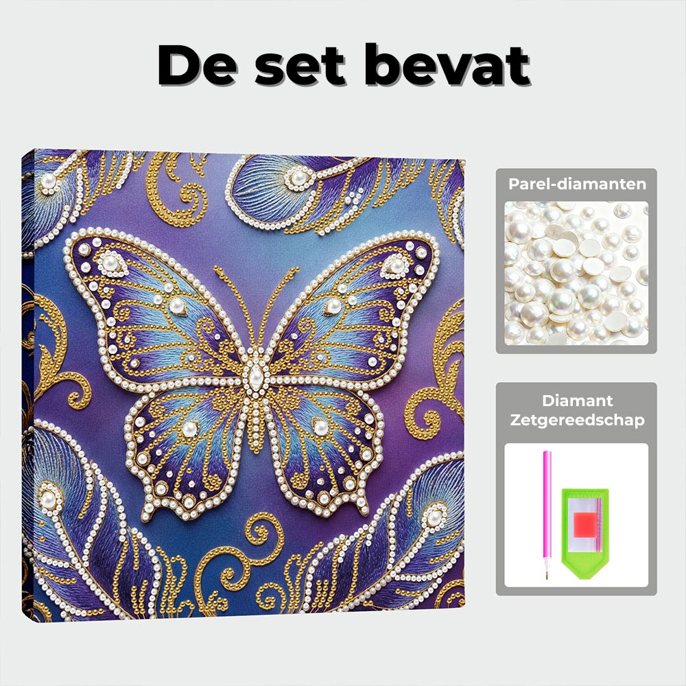 Diamond Painting | Parel Schilderij | Blauw-Paarse Vlinder en Veren