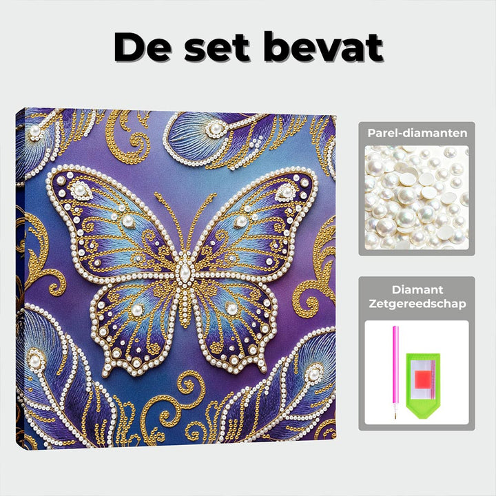 Diamond Painting | Parel Schilderij | Blauw-Paarse Vlinder en Veren