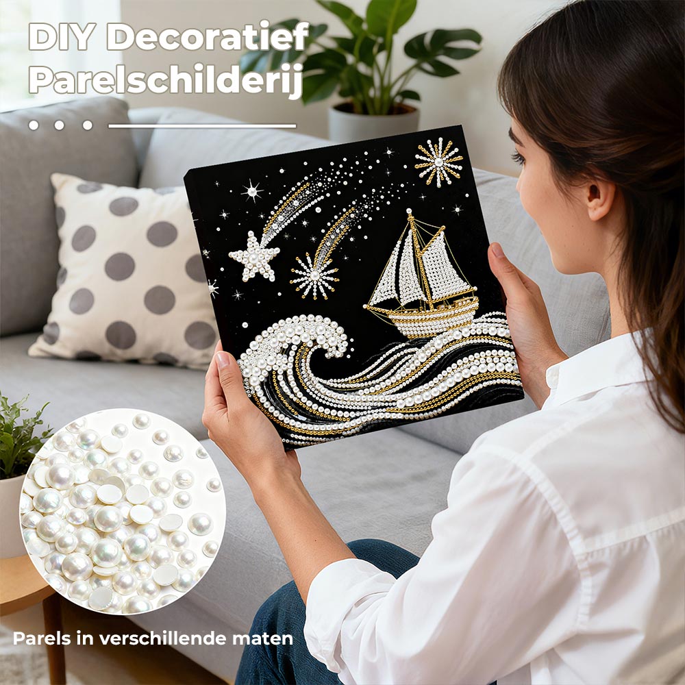 Diamond Painting | Parel Schilderij | De Zee, Zeilboot en Vallende Sterren