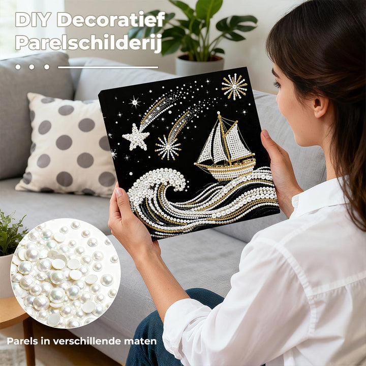 Diamond Painting | Parel Schilderij | De Zee, Zeilboot en Vallende Sterren