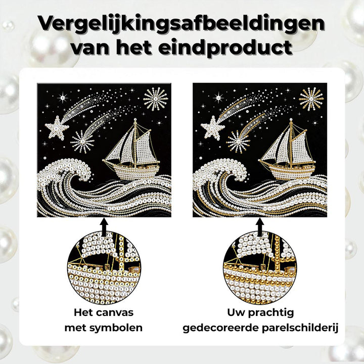 Diamond Painting | Parel Schilderij | De Zee, Zeilboot en Vallende Sterren