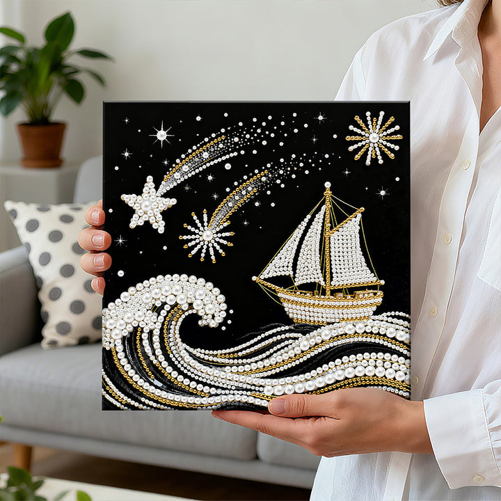 Diamond Painting | Parel Schilderij | De Zee, Zeilboot en Vallende Sterren