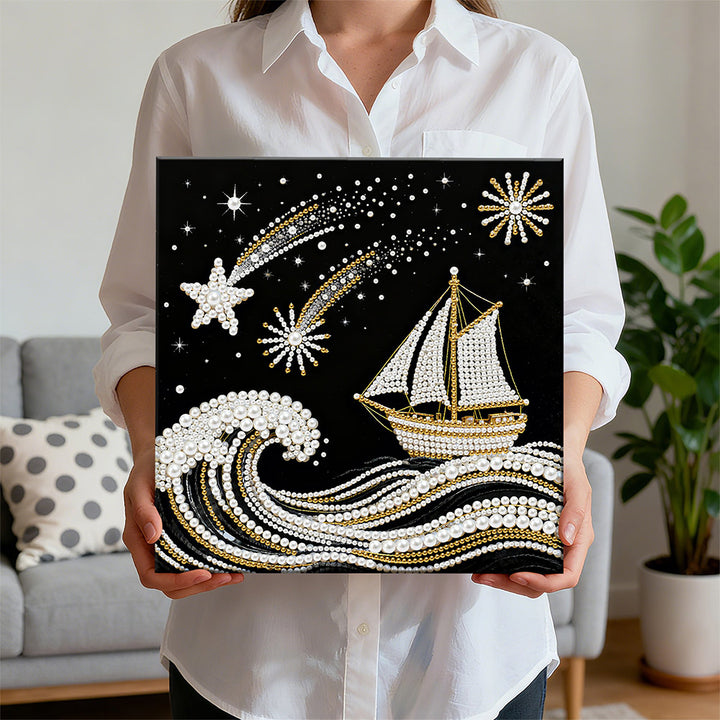 Diamond Painting | Parel Schilderij | De Zee, Zeilboot en Vallende Sterren