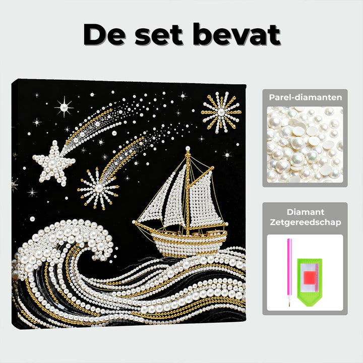 Diamond Painting | Parel Schilderij | De Zee, Zeilboot en Vallende Sterren