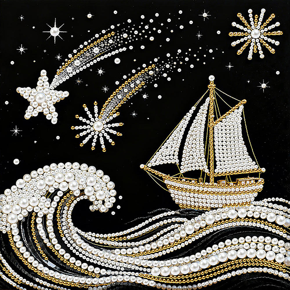 Diamond Painting | Parel Schilderij | De Zee, Zeilboot en Vallende Sterren