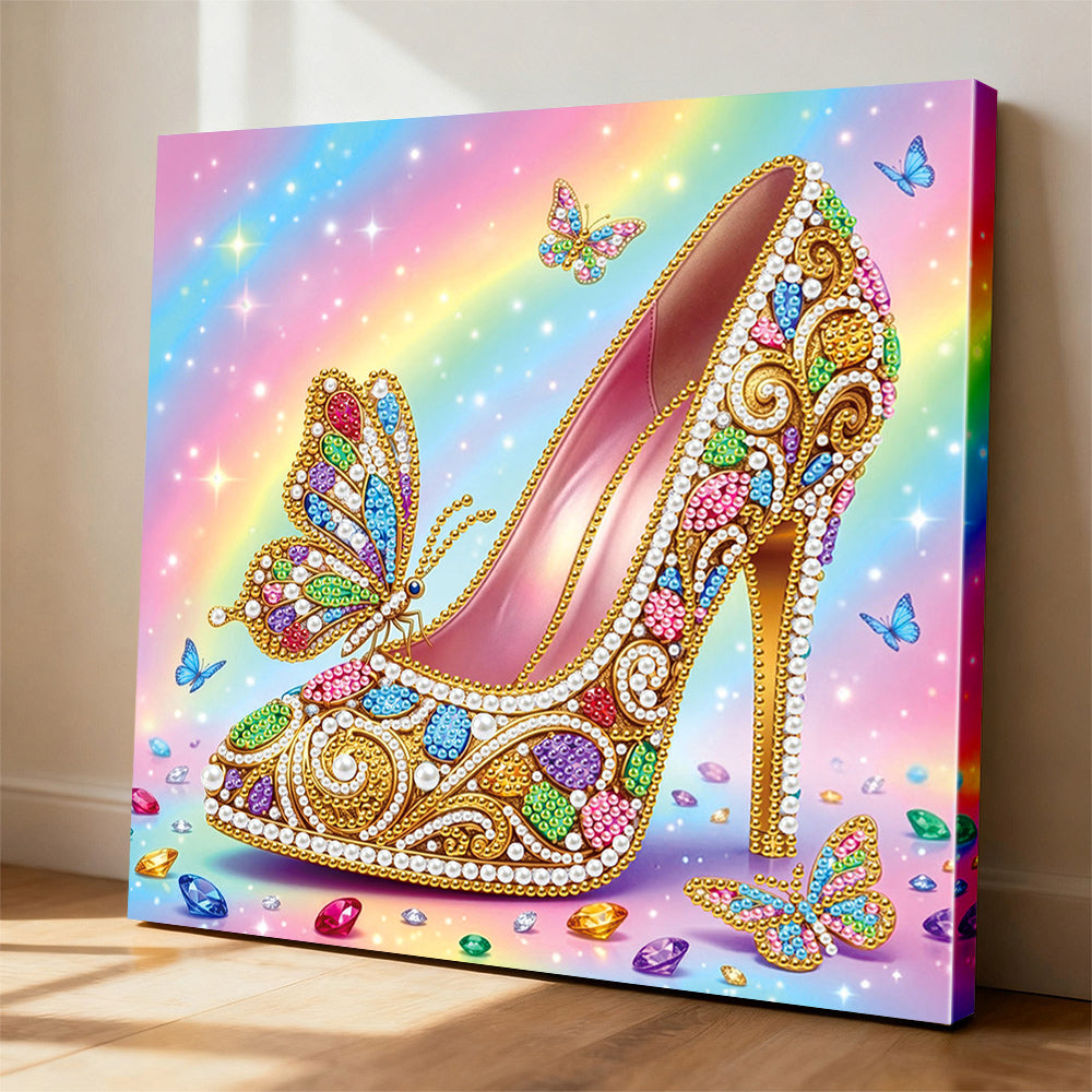 Diamond Painting | Parel Schilderij | Een Met Juwelen Versierde Hoge Hak en Vlinders