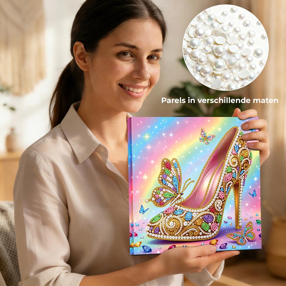 Diamond Painting | Parel Schilderij | Een Met Juwelen Versierde Hoge Hak en Vlinders