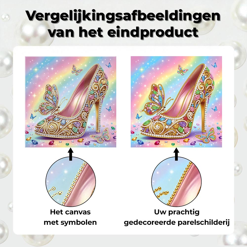 Diamond Painting | Parel Schilderij | Een Met Juwelen Versierde Hoge Hak en Vlinders