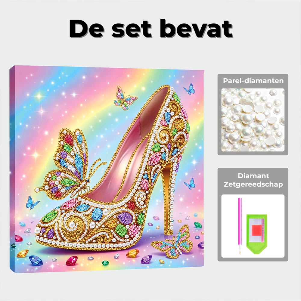 Diamond Painting | Parel Schilderij | Een Met Juwelen Versierde Hoge Hak en Vlinders