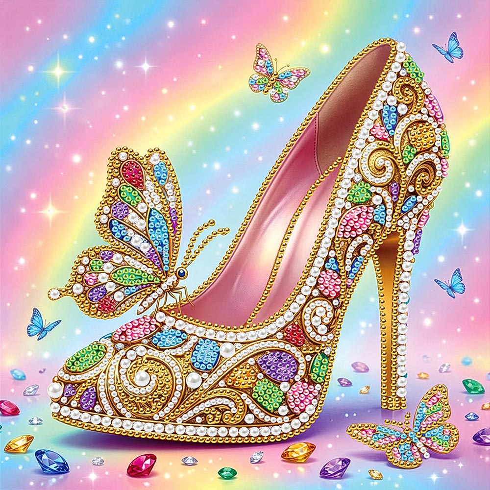 Diamond Painting | Parel Schilderij | Een Met Juwelen Versierde Hoge Hak en Vlinders