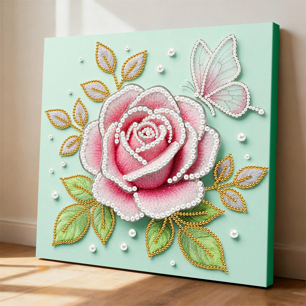 Diamond Painting | Parel Schilderij | Een Roze Roos en Vlinder