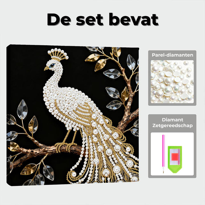 Diamond Painting | Parel Schilderij | Een Witte Pauw in een Boom
