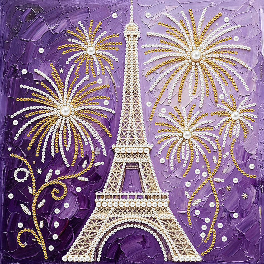 Diamond Painting | Parel Schilderij | Eiffeltoren en Vuurwerk onder een Paarse Lucht