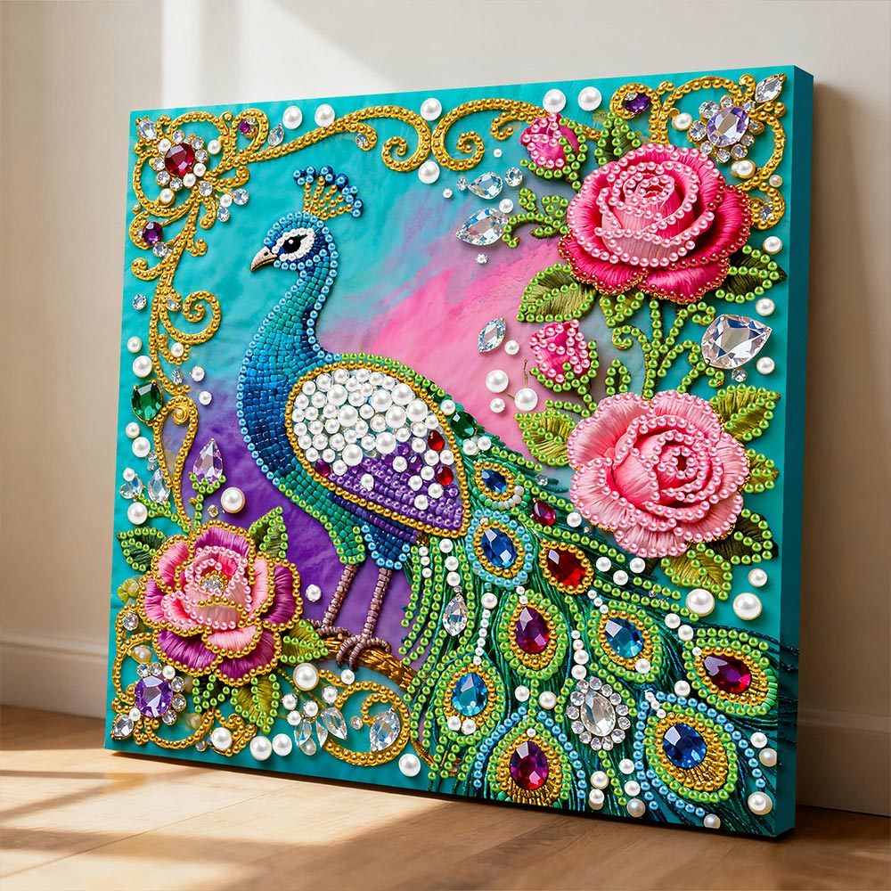 Diamond Painting | Parel Schilderij | Groene Pauw en Roze Rozen