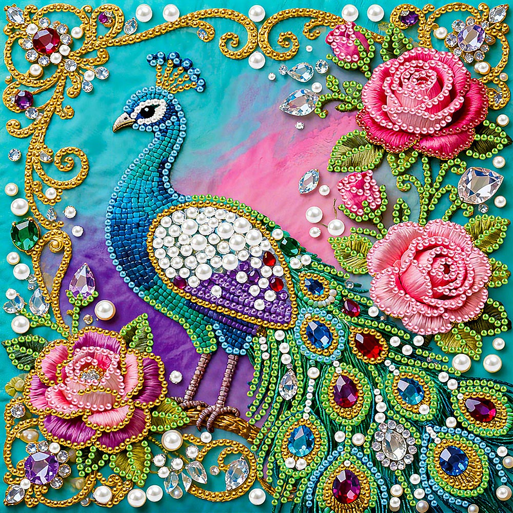 Diamond Painting | Parel Schilderij | Groene Pauw en Roze Rozen