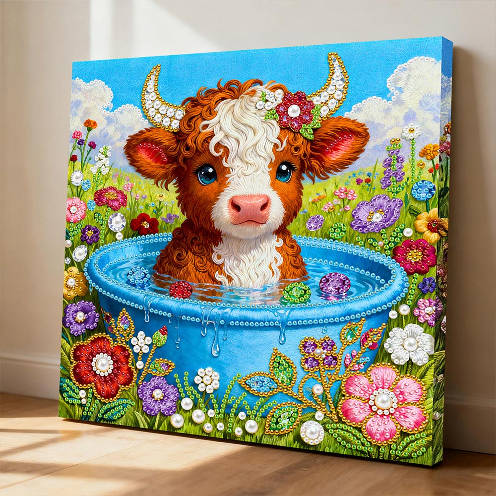 Diamond Painting | Parel Schilderij | Kleine Hooglandstier badend tussen de Bloemen