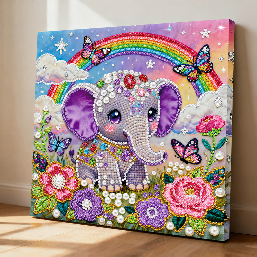 Diamond Painting | Parel Schilderij | Regenboog, Bloemen en een Klein Olifantje
