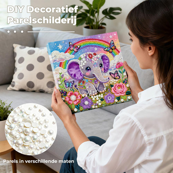 Diamond Painting | Parel Schilderij | Regenboog, Bloemen en een Klein Olifantje