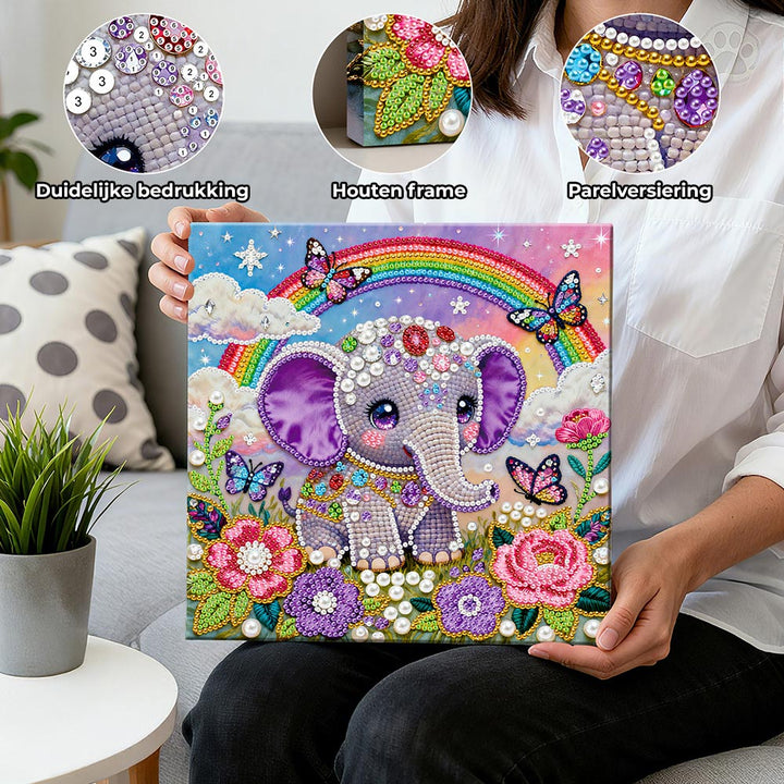 Diamond Painting | Parel Schilderij | Regenboog, Bloemen en een Klein Olifantje