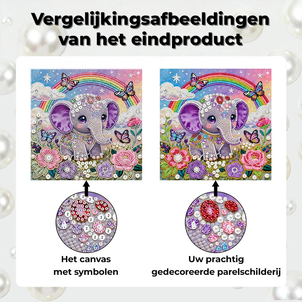 Diamond Painting | Parel Schilderij | Regenboog, Bloemen en een Klein Olifantje