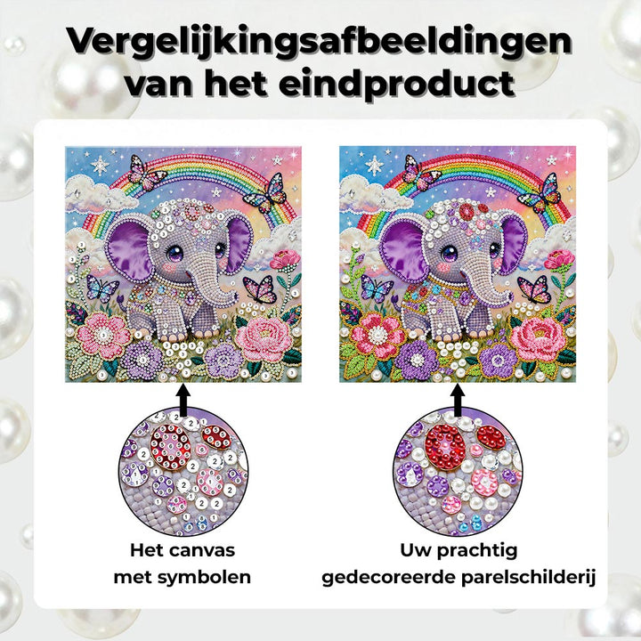 Diamond Painting | Parel Schilderij | Regenboog, Bloemen en een Klein Olifantje
