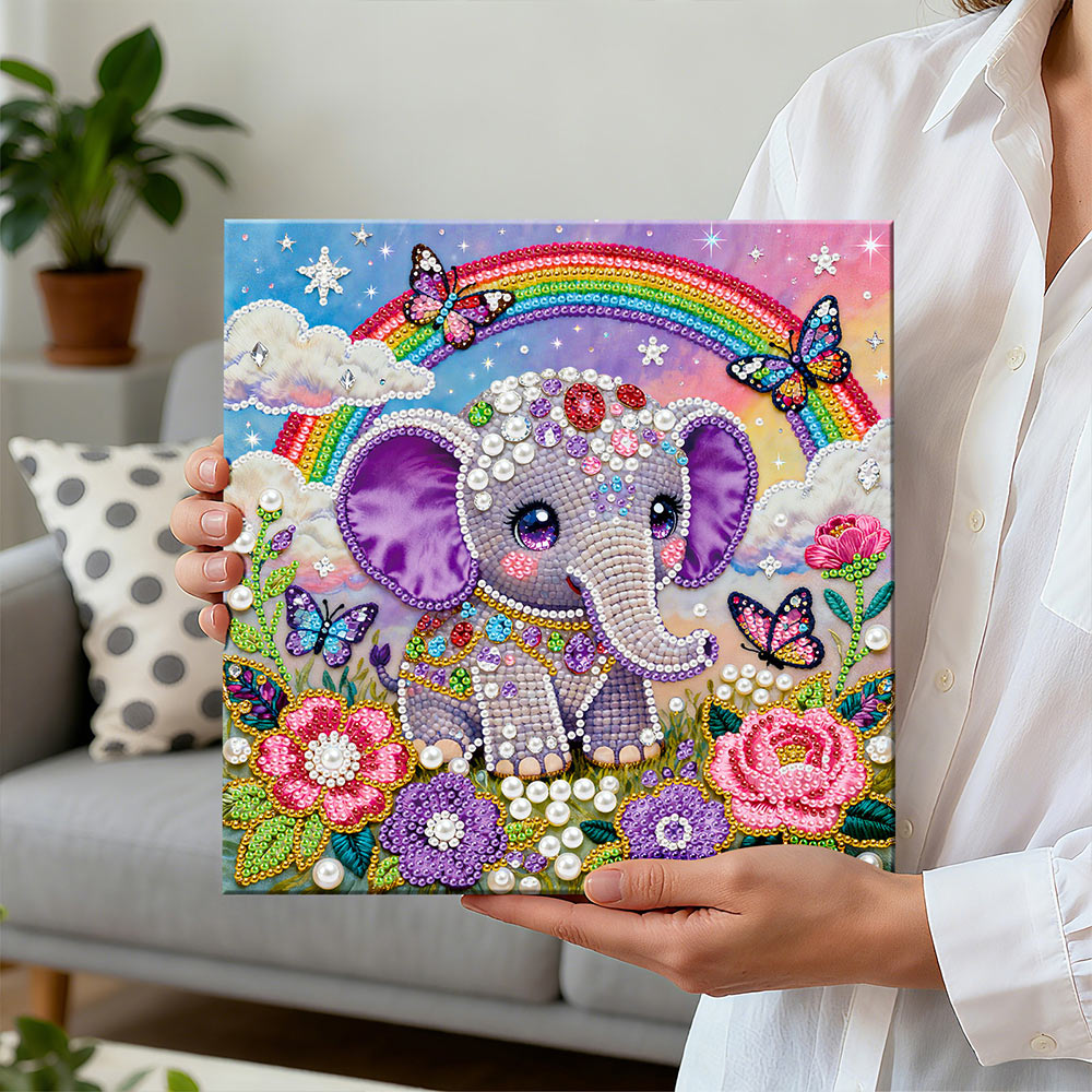 Diamond Painting | Parel Schilderij | Regenboog, Bloemen en een Klein Olifantje