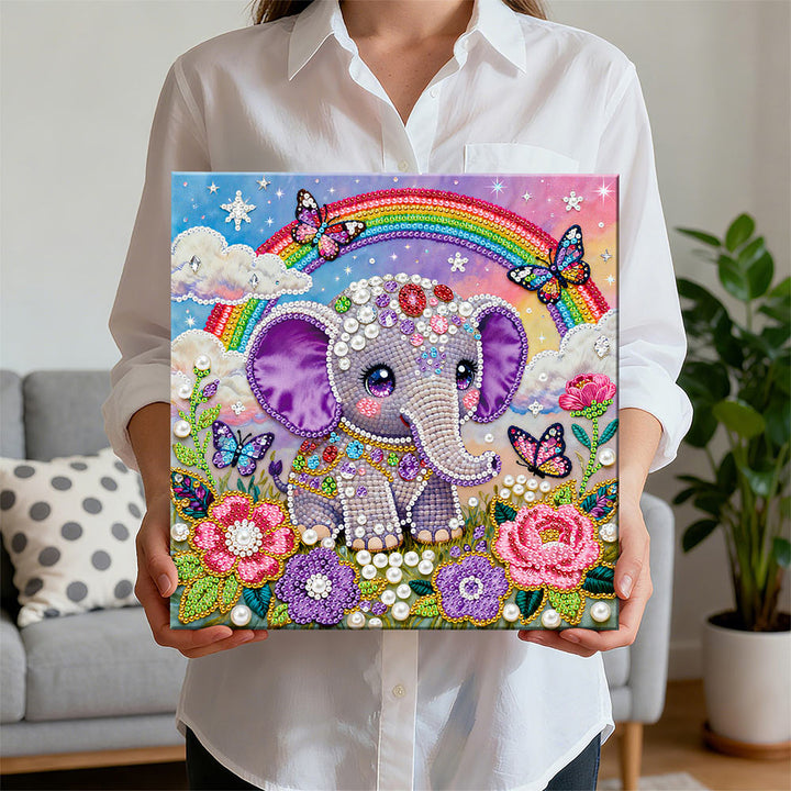 Diamond Painting | Parel Schilderij | Regenboog, Bloemen en een Klein Olifantje