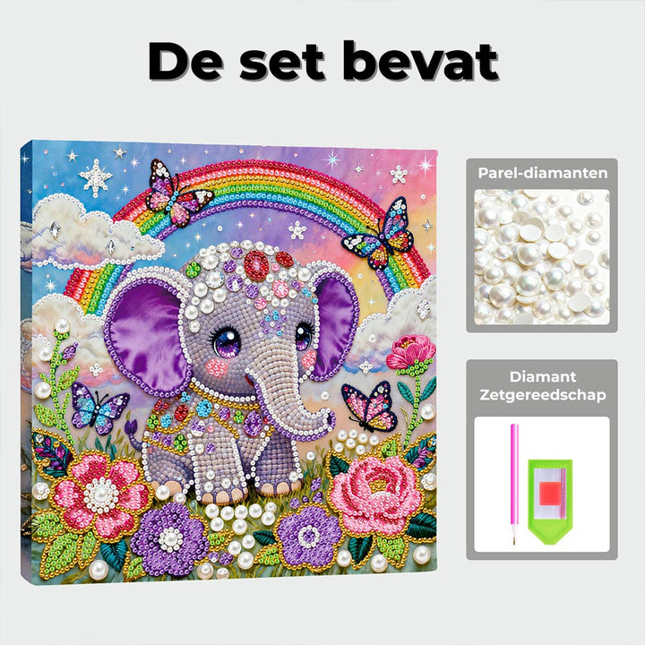 Diamond Painting | Parel Schilderij | Regenboog, Bloemen en een Klein Olifantje