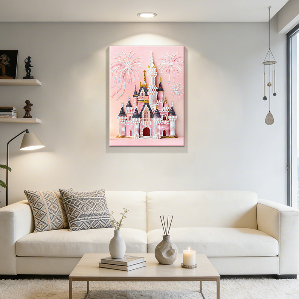 Diamond Painting | Parel Schilderij | Roze Kasteel en Vuurwerk