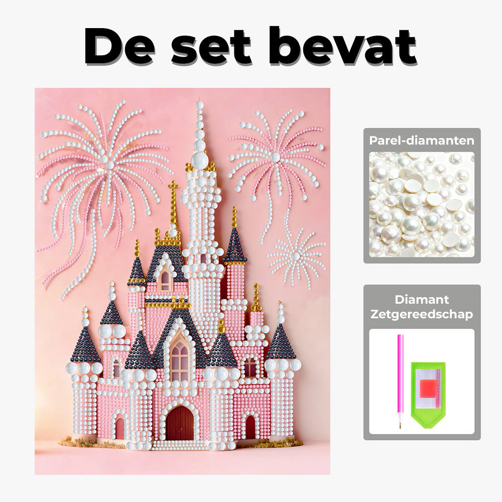 Diamond Painting | Parel Schilderij | Roze Kasteel en Vuurwerk