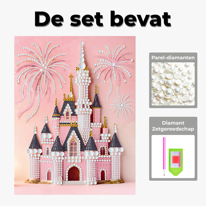 Diamond Painting | Parel Schilderij | Roze Kasteel en Vuurwerk