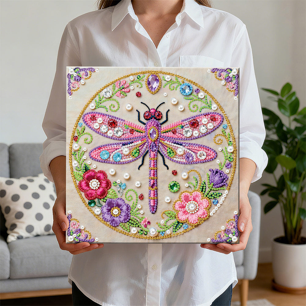 Diamond Painting | Parel Schilderij | Roze Libel en Bloemen