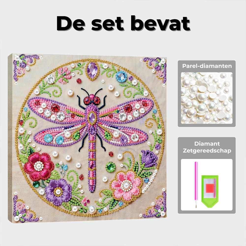Diamond Painting | Parel Schilderij | Roze Libel en Bloemen