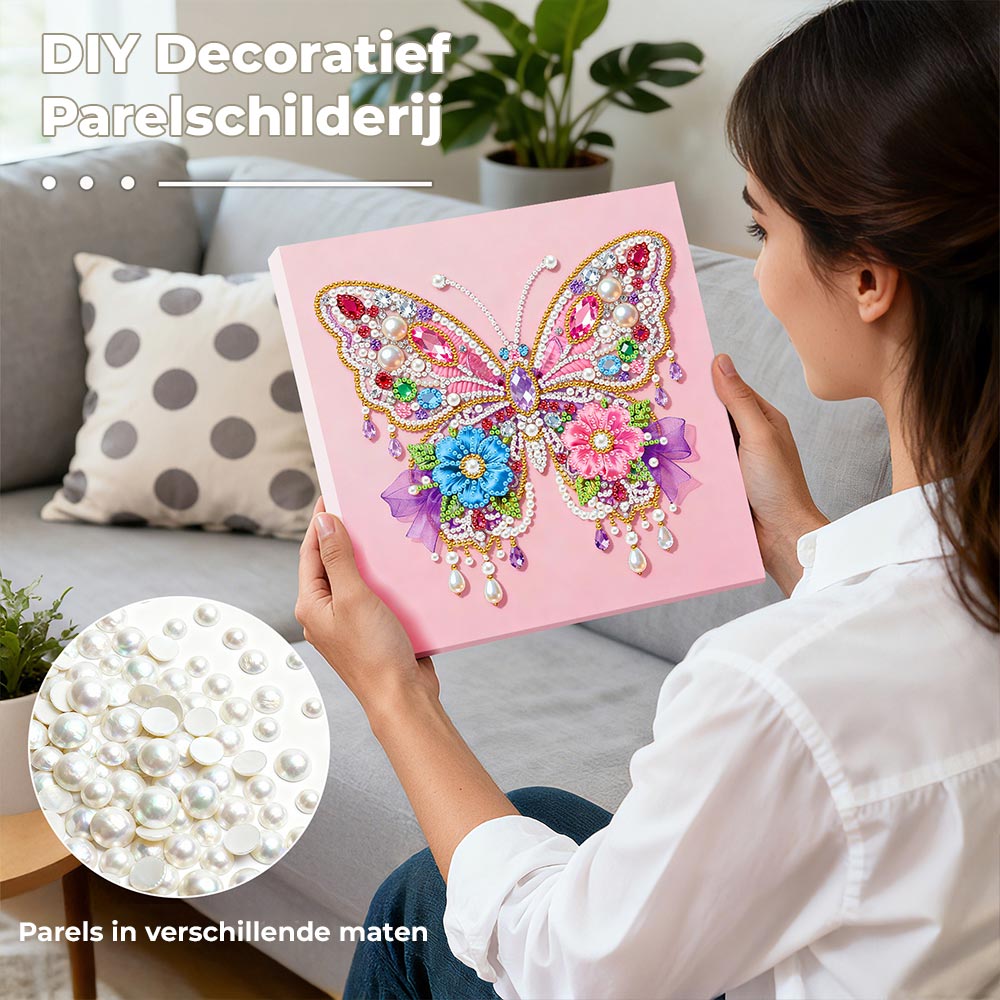 Diamond Painting | Parel Schilderij | Roze Vlinder en Bloemen